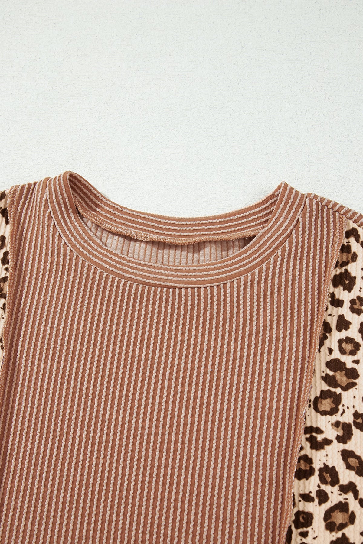 Leopard Colorblock Reverse Seam Corded Long Sleeve Knit Top