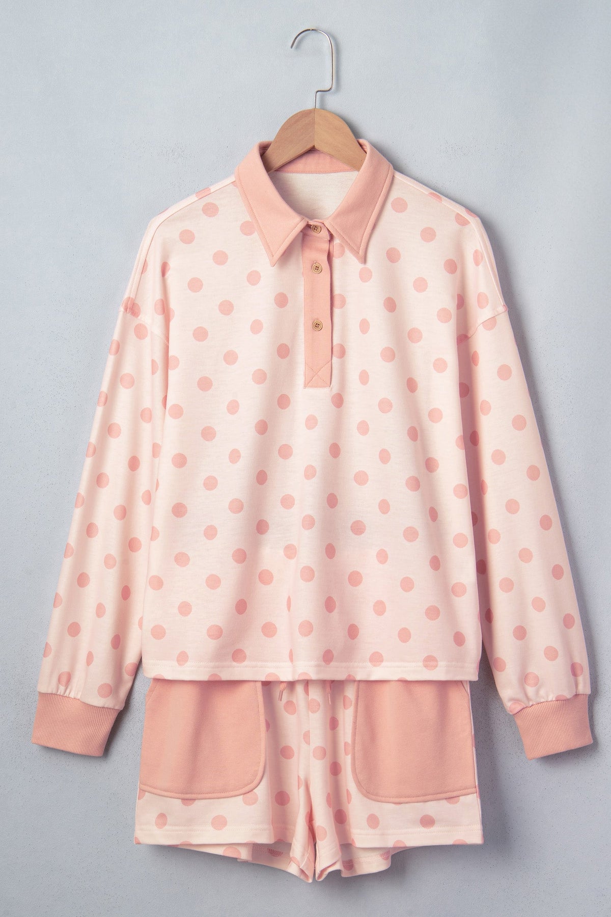 Polka Dot Polo Pullover & Elastic Waist Shorts Set