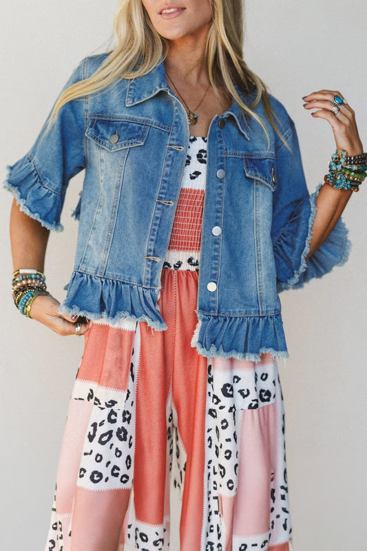 Denim Raw Edge Short Sleeve Ruffle Hem Jacket